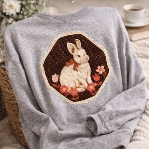 Gray Sweatshirt with Vintage Quilted Rabbit